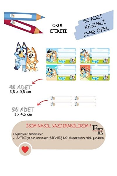 EyER Shoping Bluey Kitap Defter Okul Etiketi 150 Adet Kesimli(ad-soyad istekl...
