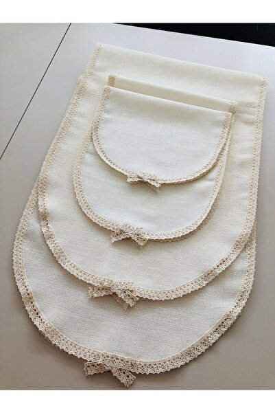 İpekce kanavice 4 parça oval linen kumaş işlenebilir salon takımı