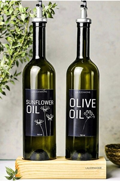 LALEZEN HOME زجاجة زيت زيتون سائل مكونة من قطعتين مع حامل خشبي وملصق أسود سعة...