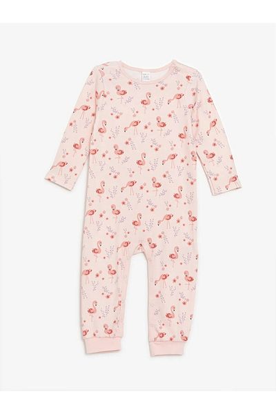 LC Waikiki Lcw Eco Light Coral Printed Crew Neck Long Sleeve Printed Baby Girl Romper