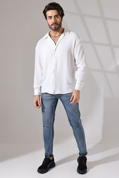 pattersty White Linen Aerobin - Long Sleeve Loose Fit Summer Men's Shirt
