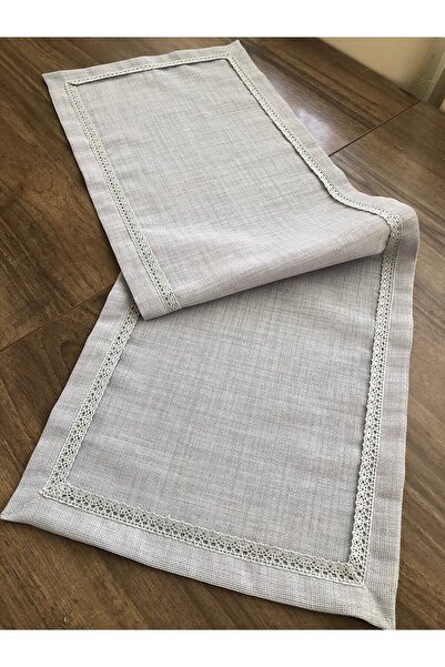 İpekce kanavice Dantelli Işlemelik Runner Linen Kumaş Gri
