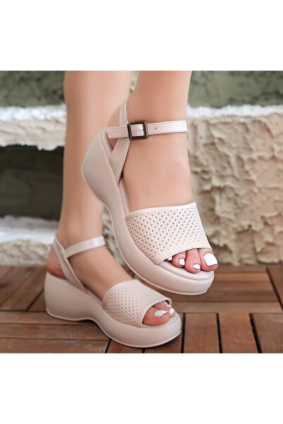 Moka Shopin Beige Colored Mokashopin Donna Wedge Heel Sandals