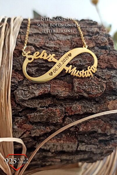 JEMIRA Çift İsimli Tarihli Sonsuzluk Kadın Kolye Kişiye Özel Tasarım 925 Ayar Gümüş 14k Altın Renk Kaplama