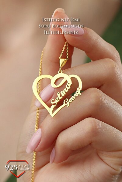 JEMIRA Kadın Çift İsimli Kalp Motif Kolye 925 Ayar Gümüş Gold Renk Kaplama