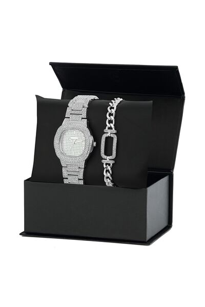 Forentina Gri Zirkon Taşlı Kol Saati Bileklik Kombin Set - Ps220200tr