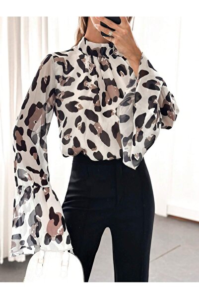 Moda ZR Leopard Patterned Chiffon Women's Blouse - Flounced Sleeve
