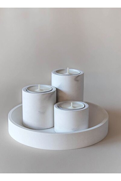 LALEZEN HOME Beyaz Tepsili 3lü Beton Mumluk