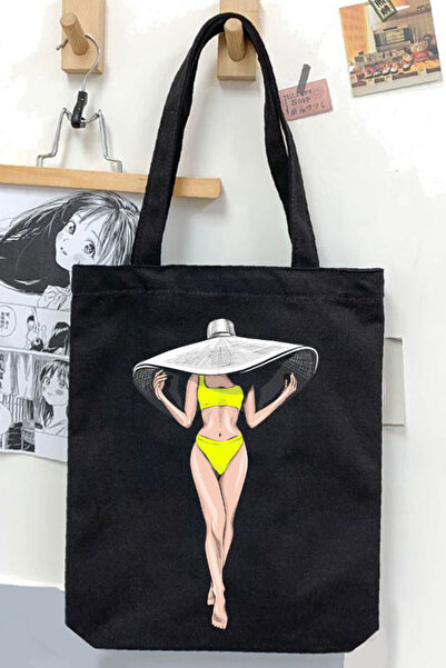 Darkhane Unisex Black Straw Hat and Gabardine Canvas Bag - Trend