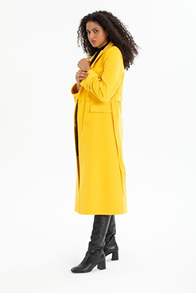 Pitti Women's Yellow BUTTON Belted Men's Collar Lined Coat 70607