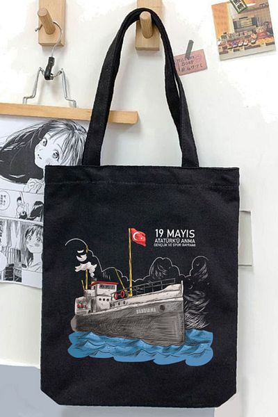 Darkhane Black Gabardine Canvas Bag - 19 May Bandırma Vapuru Unisex