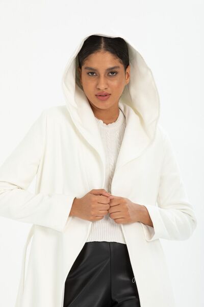 Pitti Women's White Hooded Long Belted Lined Coat 70481