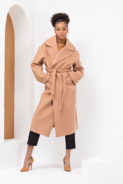 Pitti Women's Camel Leopard Lined Stitched Sleeves Zippered Belted Coat 70639