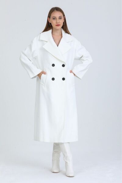 Pitti Women's White Long Black Buttoned Cashmere Lined Coat