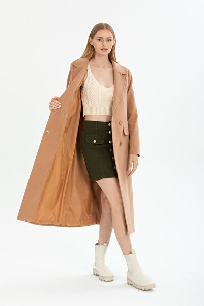 Pitti Women's Camel Buttoned Kangaroo Pocket Long Coat 70569