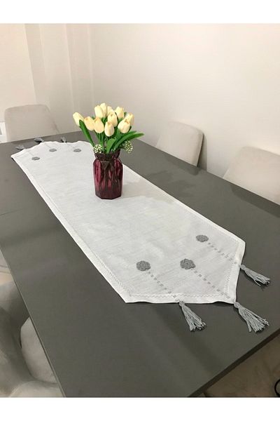 Parla Life Flower Braided Grey Glittery Gardenia Fabric Runner 40x140 cm