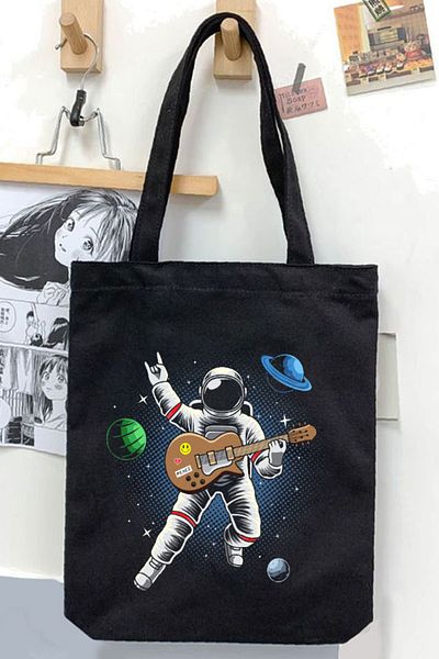 Darkhane Unisex Black Canvas Bag - Astronaut Playing Guitar, Gabardine Canvas