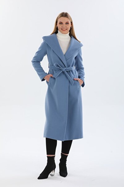 Pitti Kadın Indigo mavi kapşonlu astarlı cepli kuşaklı kaşeKaban 70481.