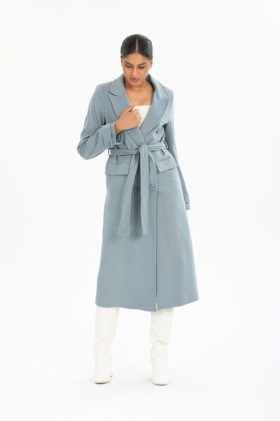 Pitti Women's Gray Blue Eyebrow Buttoned Belted Men's Collar Lined Coat 70607