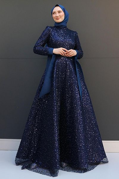 GİZ AGİYİM Rochie de seară Simay Hijab albastru bleumarin