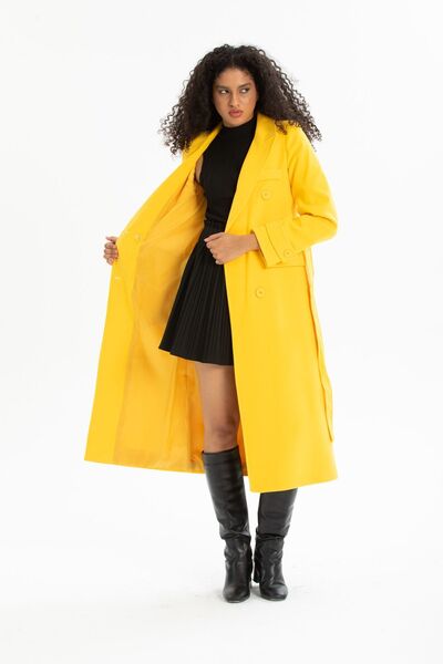 Pitti Women's Yellow BUTTON Belted Men's Collar Lined Coat 70607