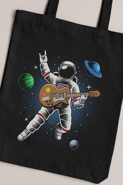 Darkhane Unisex Black Canvas Bag - Astronaut Playing Guitar, Gabardine Canvas