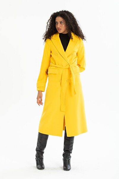 Pitti Women's Yellow BUTTON Belted Men's Collar Lined Coat 70607