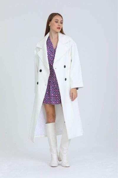 Pitti Women's White Long Black Buttoned Cashmere Lined Coat