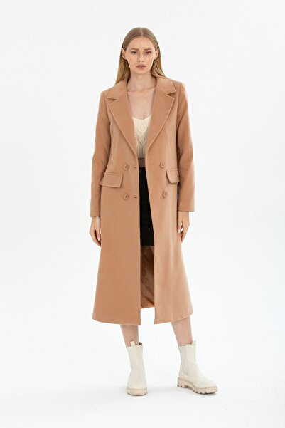 Pitti Women's Camel Buttoned Kangaroo Pocket Long Coat 70569