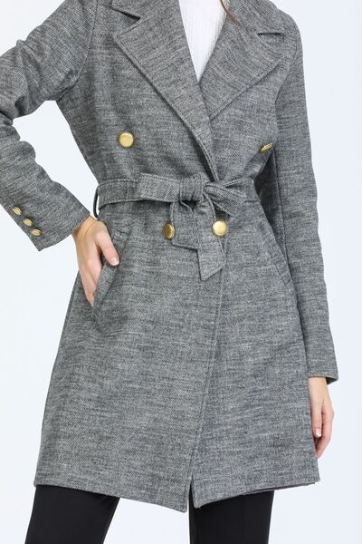 Pitti Women's Gray Gray Gold Buttoned Belted Men's Collar Lined Coat 70477 D