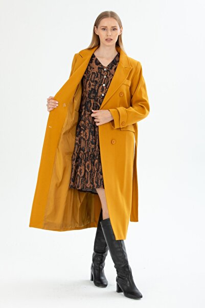 Pitti Women's Mustard BUTTON Belted Men's Collar Lined Coat 70607