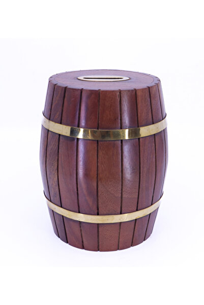 BIBLO Pirinç - Ahşap Fıçı Kumbara Ofis Masa Dekoru Tip Box Büyük Boy