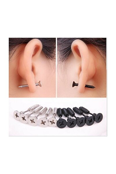 The Collection Kadın Erkek Vida Model Siyah Çelik Küpe