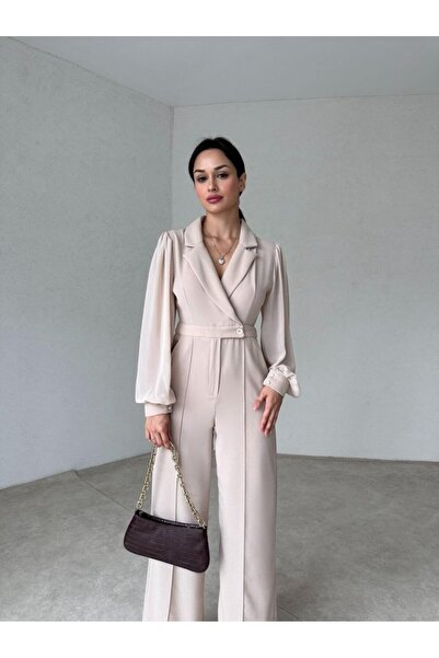 Rabia Çelik Kadın Krem Kolları Tül Kruvaze Yaka Tulum