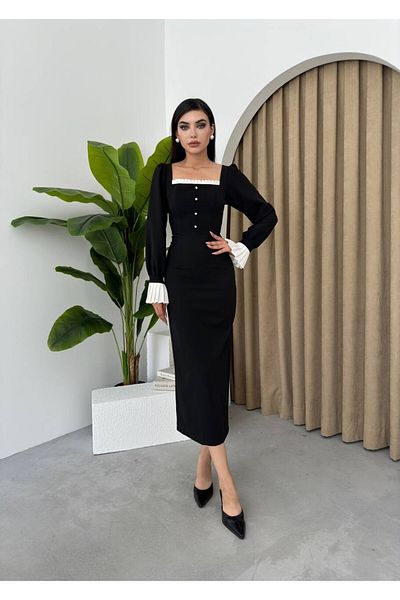 Julidress Guler pătrat negru Capetele mânecilor Volane albe Detaliu cu nasturi Rochie premium de lungime midi