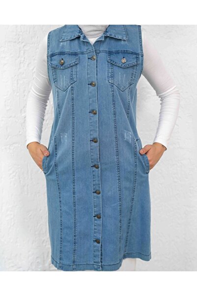 sorisso Sanding Detailed Long Denim Vest