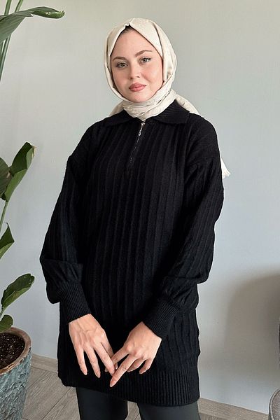 InStyle Pulover negru din tricotaje de pluș - cu fermoar