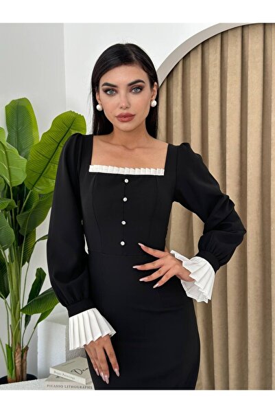 Julidress Černé čtvercové výstřihy na rukávech s bílými volánky s knoflíky Detailní prémiové šaty midi délky