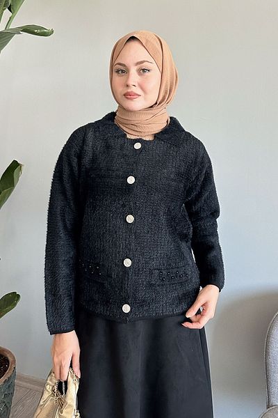 InStyle Cardigan negru - Detaliu buzunar cu margele