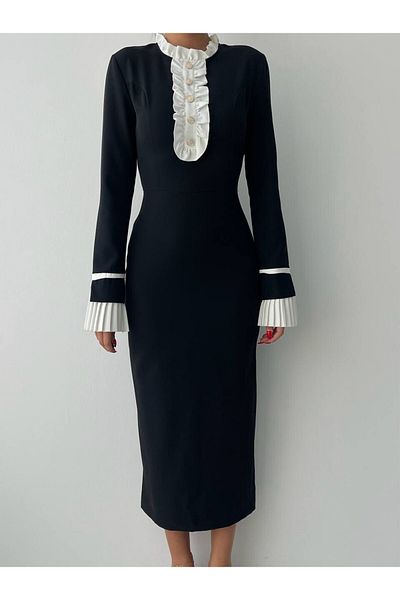 Julidress Rochie premium de lungime midi cu mâneci negre, cu manșete cu volane albe