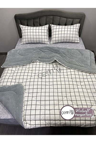 Çetinhome Square Patterned White Double Welsoft Quilt Set