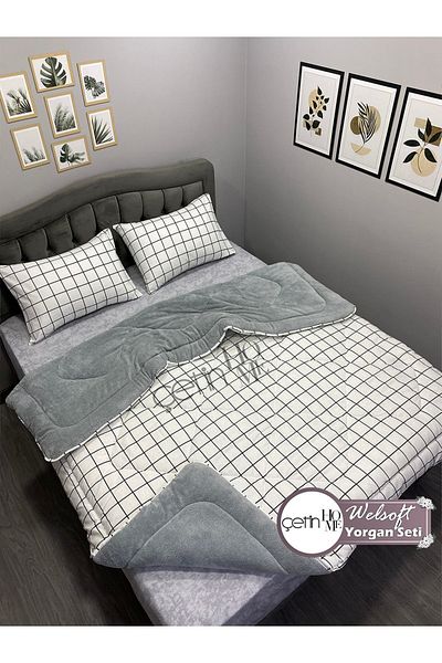 Çetinhome Square Patterned White Double Welsoft Quilt Set