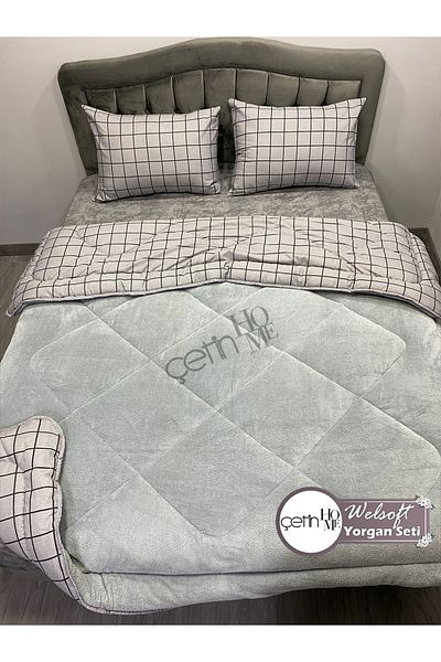 Çetinhome Smoked Square Patterned Double Welsoft Quilt Set