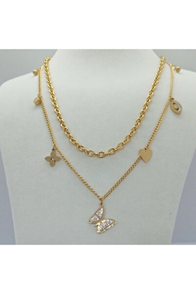 Ödül Moda الصلب الذهب الزركون حجر سلسلة مزدوجة فراشة قلادة