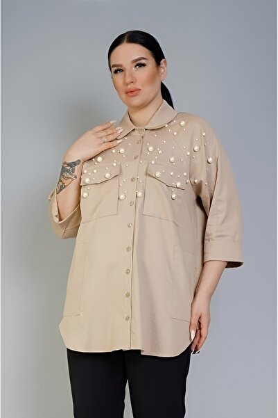 ModaMania Boncuk Detaylı Cepli Büyük Beden Gömlek