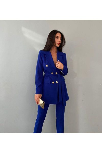 Moda İkra Belt Button Detailed Jacket Pants Suit