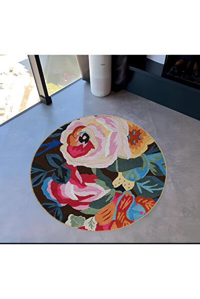 Rugs Modern Halı Multicolored Rose Patterned Round Woven Base Modern Decorati...