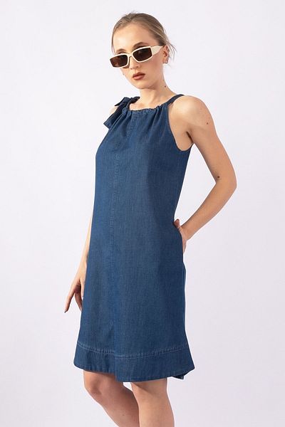 Bold & Young Rochie subțire din denim, albastru indigo, cu gât cu șalter