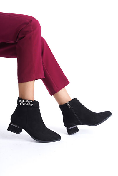 van heflin Daily Women's Boots with Stones and Pearls on Heels Black Suede