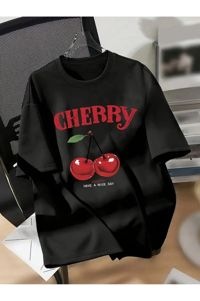 aynewmoda Tricou oversize imprimat CHERRY HAPPY HAVE A NICE DAY